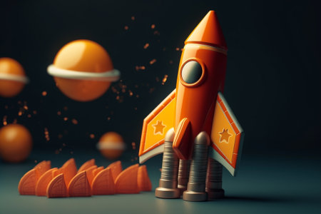 Generative AI : Rocket to the full moon with dark night sky and yellow star Paper art style Start up concept Business SMEの素材