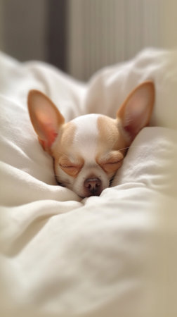 Generative AI : Small cute sleepy chihuahua dog is sleeping or napping on bed in bedroom in morning with light form window Tried puppy sleep rest and relax on comfortable cozy in lの素材