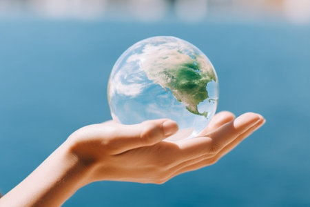 Generative AI : Mans hand picking up the earth with blue sky backgroundの素材