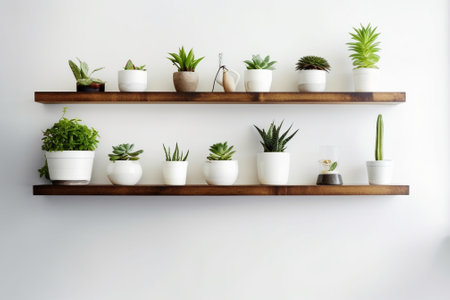 Generative AI : Plants on wooden wall shelf with white brick wall background and lighting gradientの素材