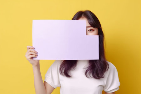 Generative AI : Young adult asia people beauty woman holding white airplane paper smile laugh in yellow isolated background ready for summer holiday travel fly safe plan concept Aiの素材