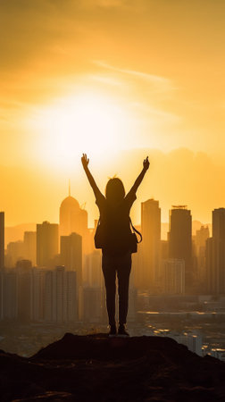 Generative AI : Silhouette of freedom man on top of building with sunset and city background Cheerful successful and freedom conceptの素材