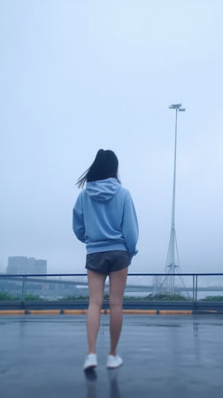 Generative AI : Woman wear fleece jacket with hood standing and looking out to the river and city scape in chilling day in evening at river side Feeling lonely or chillingの素材