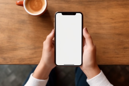 Generative AI : Woman using smartphone on wooden table Top viewの素材