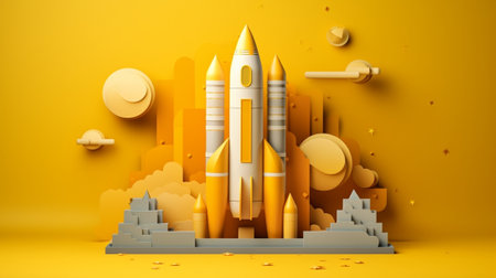 Generative AI : Rocket to the full moon with dark night sky and yellow star Paper art style Start up concept Business SMEの素材