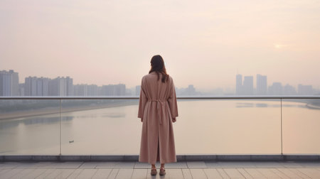 Generative AI : Woman wear fleece jacket with hood standing and looking out to the river and city scape in chilling day in evening at river side Feeling lonely or chillingの素材