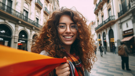 Generative AI : Beautiful female tourist taking selfie at Puerta de Alcala in Madrid Spain  Happy young woman having fun on european city street  Girl smiling at camera outsideの素材