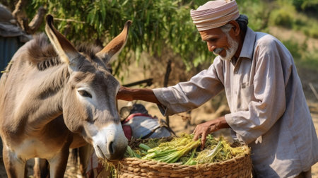 Generative AI : Farmer feeding donkeys in the countrysideの素材