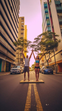Generative AI : Athletic couple doing fitness exercise on city street  Man and woman training outdoor staying in plank position  Sport and lifestyle conceptの素材