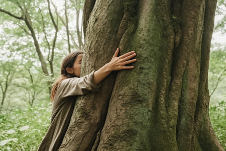 Generative AI : Closeup woman hands hugging tree trunkの素材
