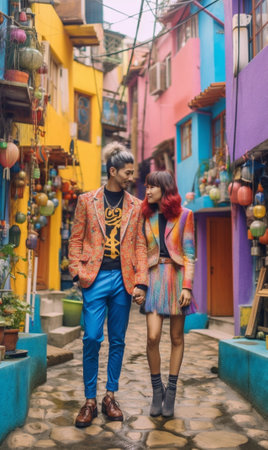 Generative AI : Couple at holiday in Venice Italy Man and woman in love walking in the city of Burano in front of colorful buildingsの素材