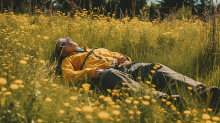 Generative AI : Hiker is looking at flowers on the ground  Adventurer during his trip around the worldの素材