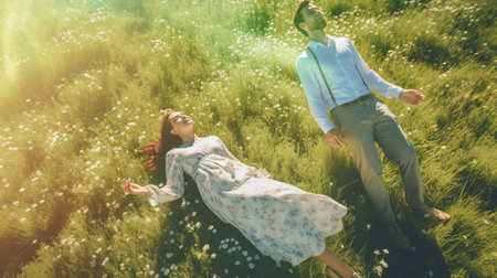 Generative AI : Happy loving couple having fun lying on a wheat field view from aboveの素材