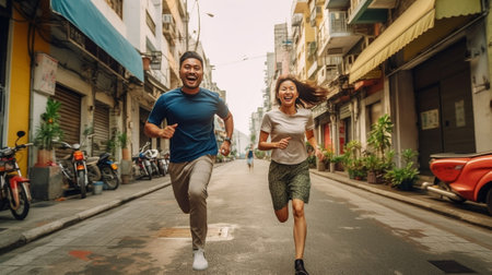 Generative AI : Happy couple of tourist holding hands are running in the city at weekend holiday Tourism people and holidays conceptの素材