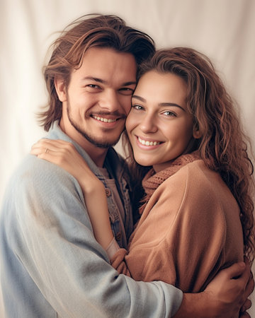Generative AI : Portrait of a beautiful caucasian woman in love hugging her boyfriend looking at the camera Concept about people love and lifestyleの素材