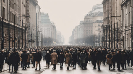 Generative AI : Anonymous crowd of people walking on busy city street  City life conceptの素材