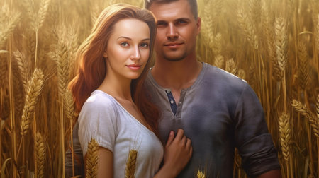 Generative AI : Couple in love at a wheat field Two young lover having fun in the nature at summerの素材