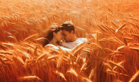 Generative AI : Happy loving couple having fun lying on a wheat field view from aboveの素材