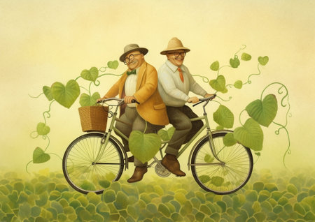 Generative AI : Two attractive lovers riding on a biciclette  Portrait of two caucasian loversの素材