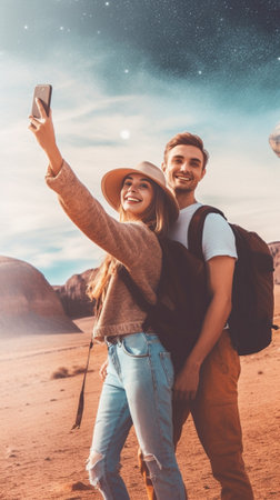 Generative AI : Couple in love travel outdoor and taking a selfie with cell phoneの素材