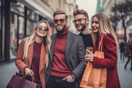 Generative AI : A picture of cheerful young people doing Christmas shoppingの素材