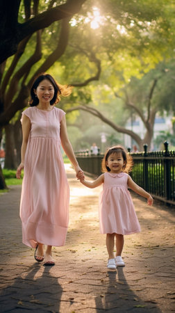 Generative AI : Asian mother and daughter having fun outside  Portrait of happy woman cute little girl at park  Indonesian kid with with mom playing outdoor  Love and parenthood coの素材