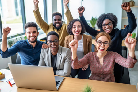 Generative AI : Group of multiracial people with hands up smiling at camera together  Corporate team colleagues congratulating coworker with business success in coworking shared ofの素材