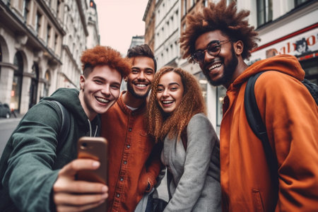 Generative AI : Group of multiracial students taking a selfie in the cityの素材