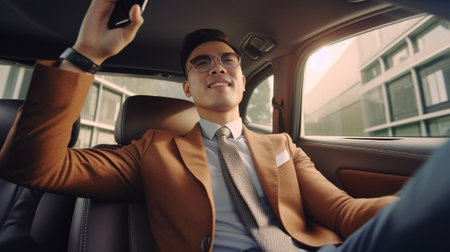 Generative AI : Handsome man take a selfie in a car at roadtripの素材