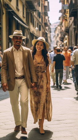 Generative AI : Couple of tourists walking in the city of Milan Italy  People visiting Romeの素材
