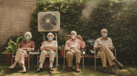 Generative AI : Group of people with face mask sitting on a staircase outdoors close up on low section bodyの素材