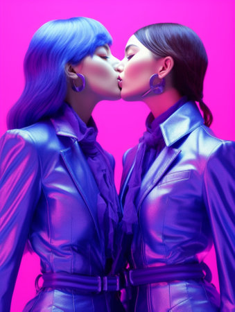 Generative AI : Fashion romantic couple kissing sitting on a bench Purple background colorの素材