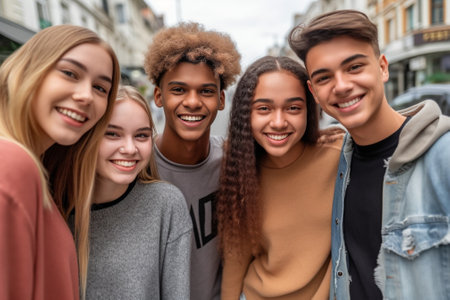 Generative AI : Happy friends having fun in the city smiling at camera  Portrait of multiracial young teenagers going to schoolの素材
