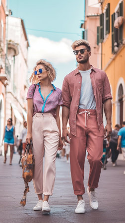 Generative AI : Couple of tourists visiting Venice Italy  Boyfriend and girlfriend in love running together on city street  People love and holidays conceptの素材