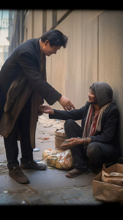 Generative AI : Generous businessman gives money to a homelessの素材