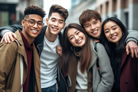 Generative AI : Multicultural best friends having fun hanging out together  Happy young people laughing walking on city street  International students talking outside school in colの素材