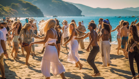 Generative AI : Group of people having fun and dancing during a beach partyの素材