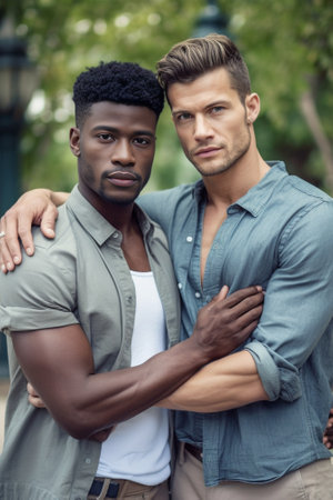 Generative AI : Multiracial gay couple making heart symbol with handsの素材