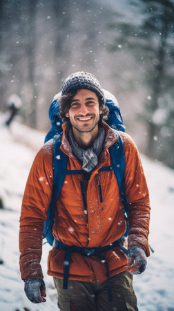 Generative AI : Happy man with backpack taking selfie portrait in winter frosty forest  Smiling hiker climbing mountains  Sport travel and technology conceptの素材