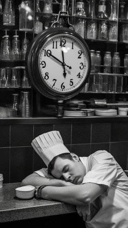 Generative AI : Tired chef worker fall asleep during working hours in the kitchen of a restaurantの素材