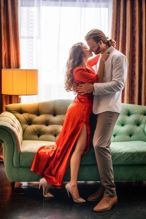 Generative AI : Happy couple in love having fun together jumping on the sofa in the living room at home Leisure activity conceptの素材