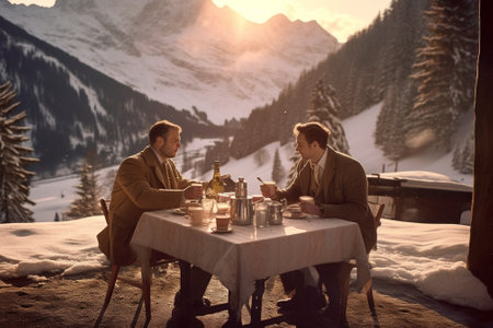 Generative AI : Portrait of a romantic couple of adults visiting an alpine lake at Braies Italy at winter Tourist in love drinking hot coffee at mountains Couple wanderlust and traの素材