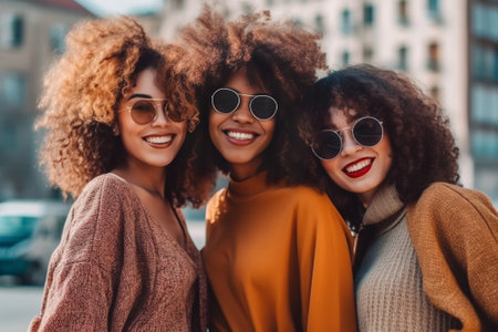 Generative AI : Three multiracial young women taking selfie photo walking on city street  Millenial female friends having fun together outdoors  Friendship feminist and technologyの素材