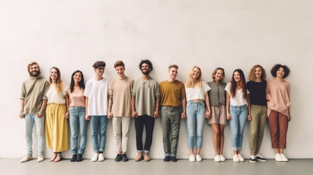 Generative AI : Multiracial young people smiling at camera standing in front of a wall background  Youth community concept with guys and girls hugging together  University studentsの素材