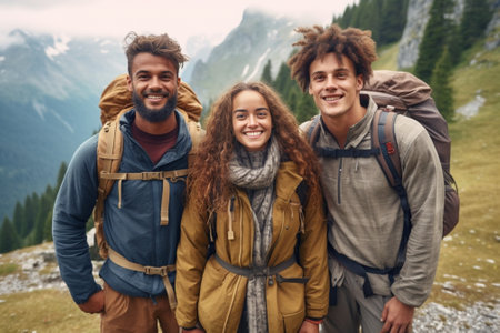 Generative AI : Multiracial happy hikers stacking hands outside  Group of happy climbers with backpacks having fun on trekking tour  Sport life style concept with guys and girls ceの素材