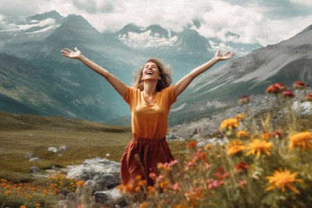 Generative AI : Free Happy Woman Enjoying Nature Freedom conceptの素材