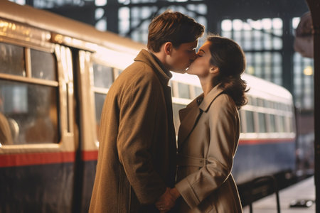 Generative AI : Couple of lovers is kissing while waiting the train at the station  love holiday transportation and lifestyle conceptの素材