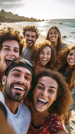 Generative AI : Big group of friends taking selfie picture smiling at camera  Laughing young people celebrating standing outside and having fun  Portrait photography of teens guysの素材