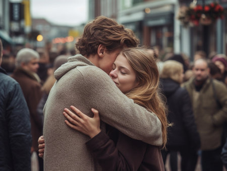 Generative AI : Girl is hugging her boyfriend just back from his trip  caucasian people  urban sceneの素材