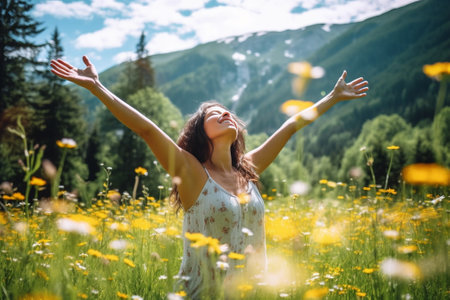 Generative AI : Free Happy Woman Enjoying Nature Freedom conceptの素材